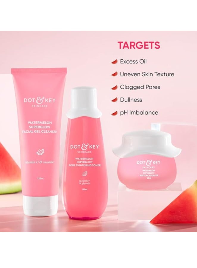 Dot & Key Watermelon Kit | Cleanser 100ml, Toner 150ml, Moisturizer 60ml | For Normal, Combination & Oily Skin | For Oil Free Glowing Skin Care | For Women & Men