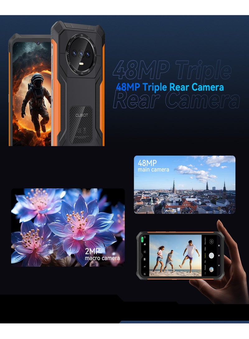 KINGKONG ES Rugged Phone 6.56'' 90Hz HD+ Display 6GB RAM 128GB ROM 48MP + 16MP Camera Waterproof Rugged Slim Mobile Android 14 Dual SIM Network 5100mAh Battery Black-Orange