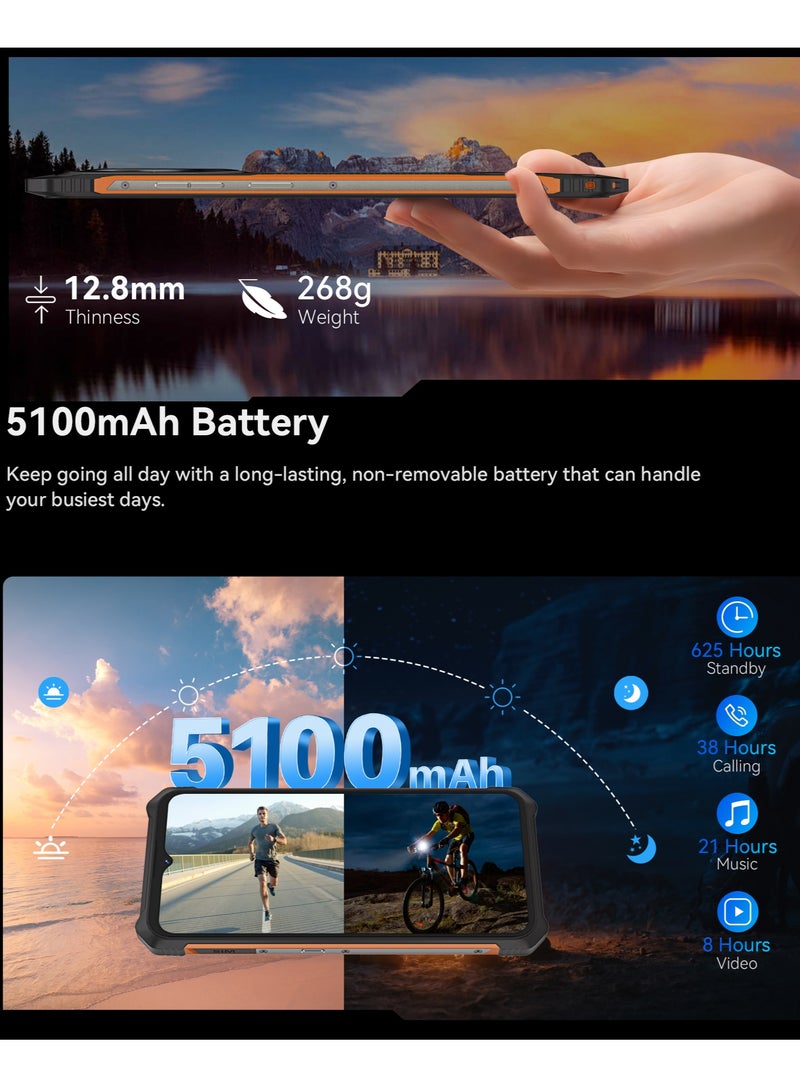 KINGKONG ES Rugged Phone 6.56'' 90Hz HD+ Display 6GB RAM 128GB ROM 48MP + 16MP Camera Waterproof Rugged Slim Mobile Android 14 Dual SIM Network 5100mAh Battery Black-Orange