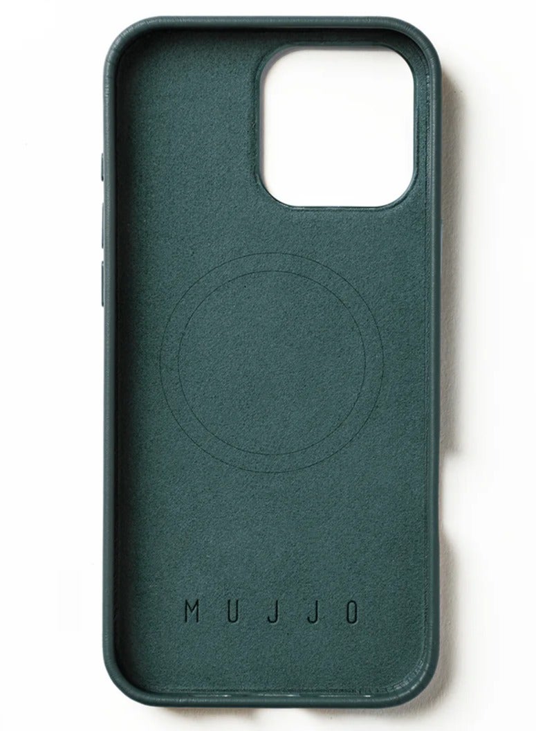 iPhone 16 Pro with the Premium Full Leather Case in Livid Green Blue with MagSafe. This high-quality case is crafted from genuine leather, offering a luxurious and sophisticated feel that enhances the elegance of your device.