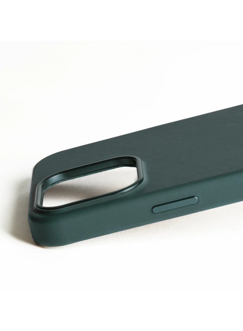 iPhone 16 Pro with the Premium Full Leather Case in Livid Green Blue with MagSafe. This high-quality case is crafted from genuine leather, offering a luxurious and sophisticated feel that enhances the elegance of your device.