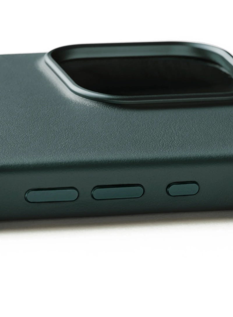 iPhone 16 Pro with the Premium Full Leather Case in Livid Green Blue with MagSafe. This high-quality case is crafted from genuine leather, offering a luxurious and sophisticated feel that enhances the elegance of your device.