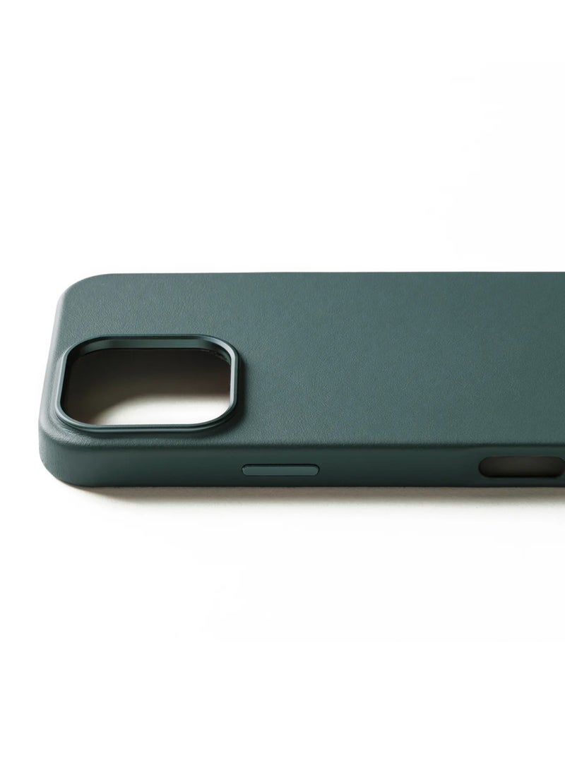 iPhone 16 Pro with the Premium Full Leather Case in Livid Green Blue with MagSafe. This high-quality case is crafted from genuine leather, offering a luxurious and sophisticated feel that enhances the elegance of your device.