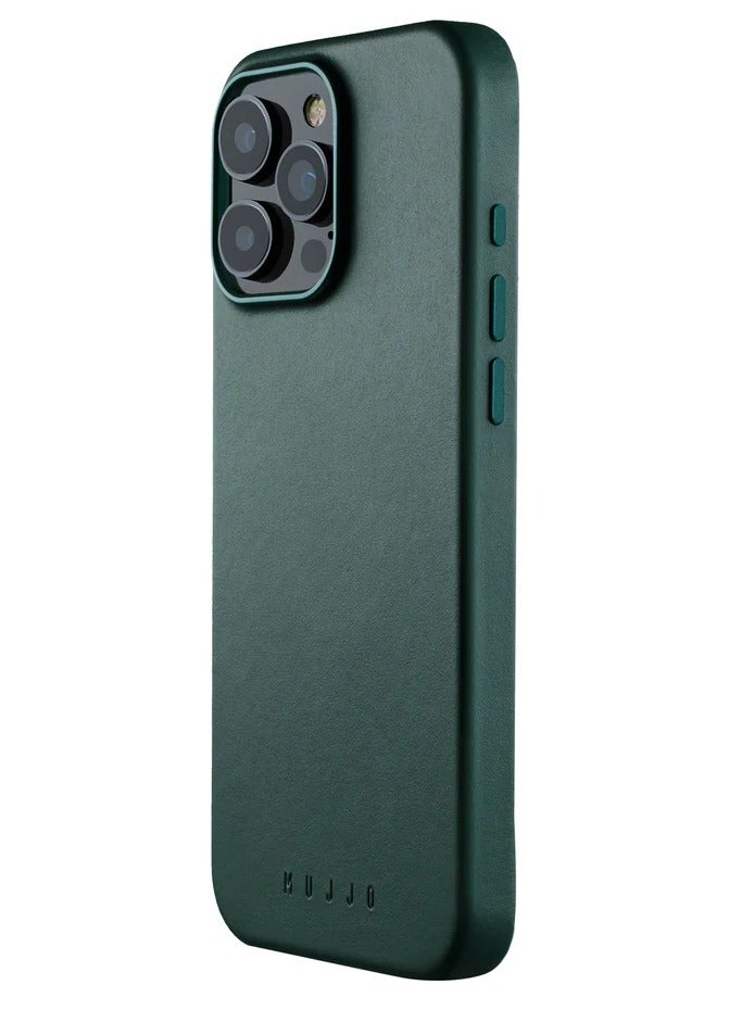 iPhone 16 Pro with the Premium Full Leather Case in Livid Green Blue with MagSafe. This high-quality case is crafted from genuine leather, offering a luxurious and sophisticated feel that enhances the elegance of your device.