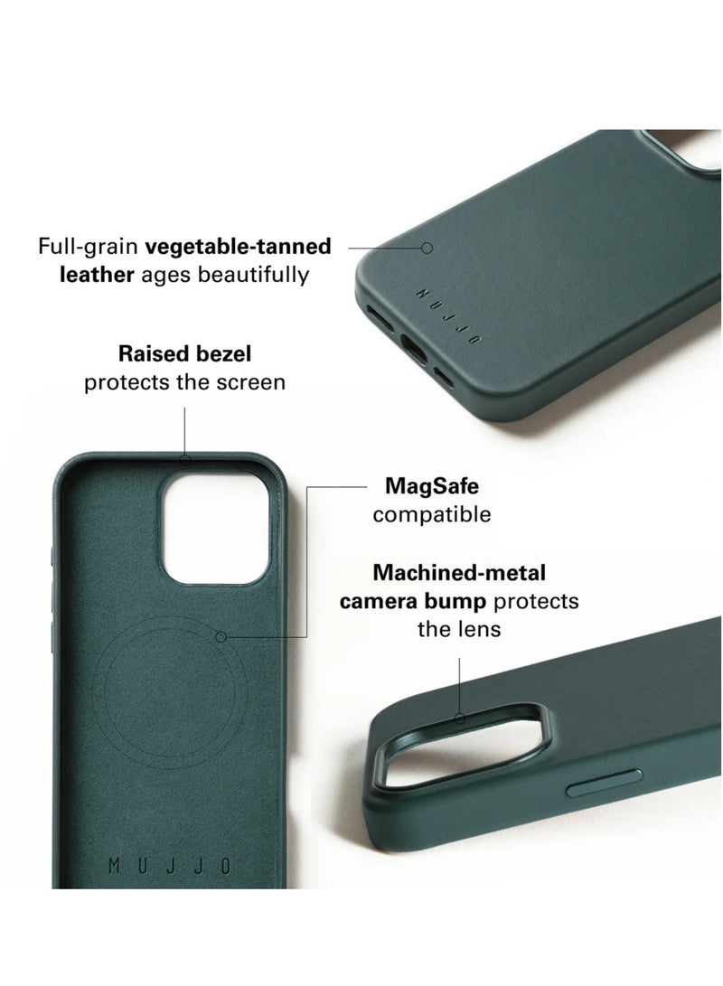 iPhone 16 Pro with the Premium Full Leather Case in Livid Green Blue with MagSafe. This high-quality case is crafted from genuine leather, offering a luxurious and sophisticated feel that enhances the elegance of your device.