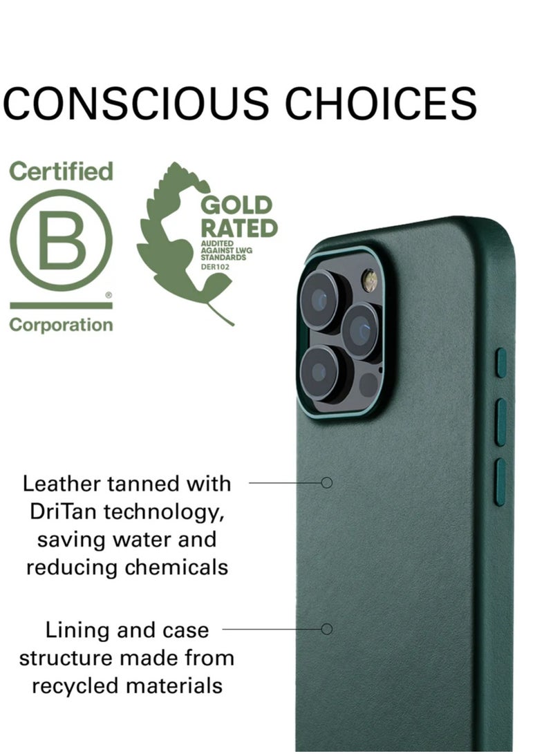 iPhone 16 Pro with the Premium Full Leather Case in Livid Green Blue with MagSafe. This high-quality case is crafted from genuine leather, offering a luxurious and sophisticated feel that enhances the elegance of your device.