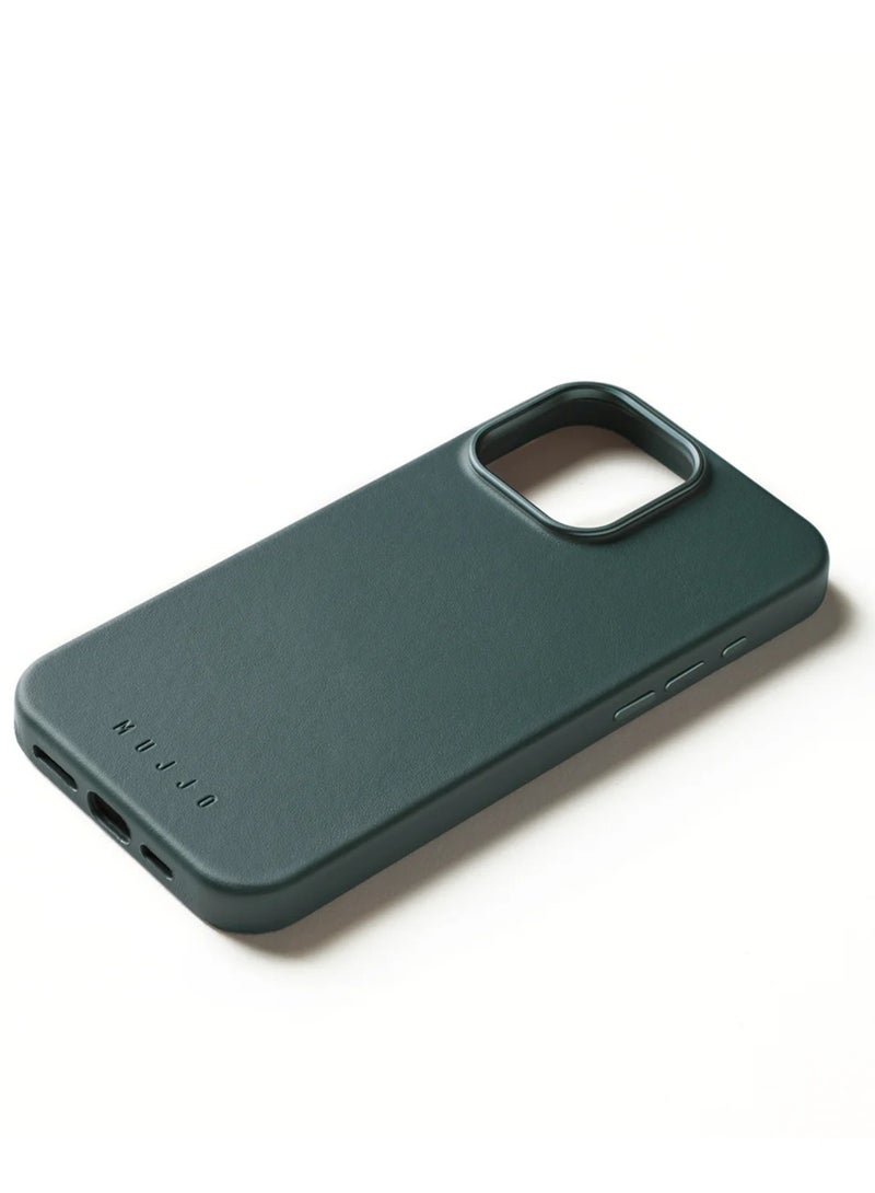 iPhone 16 Pro with the Premium Full Leather Case in Livid Green Blue with MagSafe. This high-quality case is crafted from genuine leather, offering a luxurious and sophisticated feel that enhances the elegance of your device.