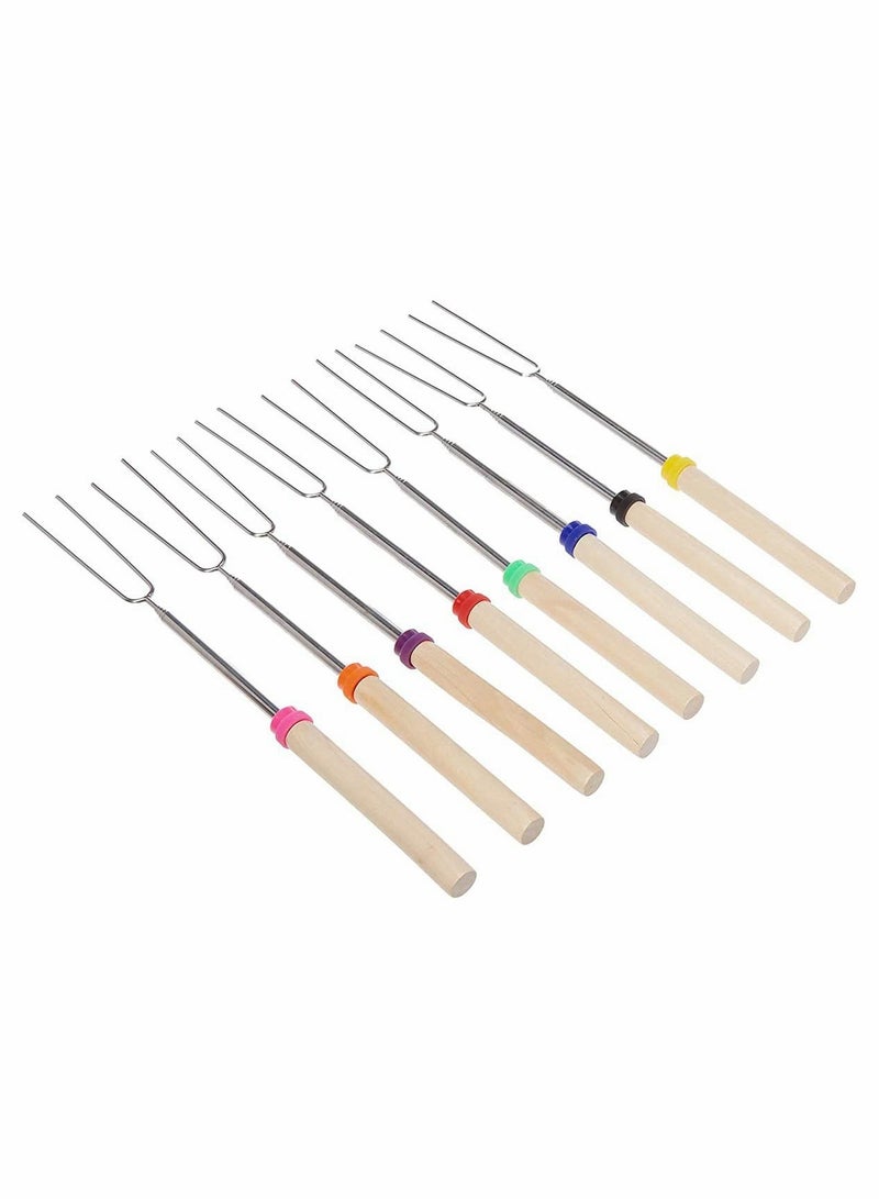 Telescoping Roasting Sticks Set for Barbecue and Camping, 8 Pcs Stainless Steel Skewers with Wooden Handles for Perfect Marshmallows