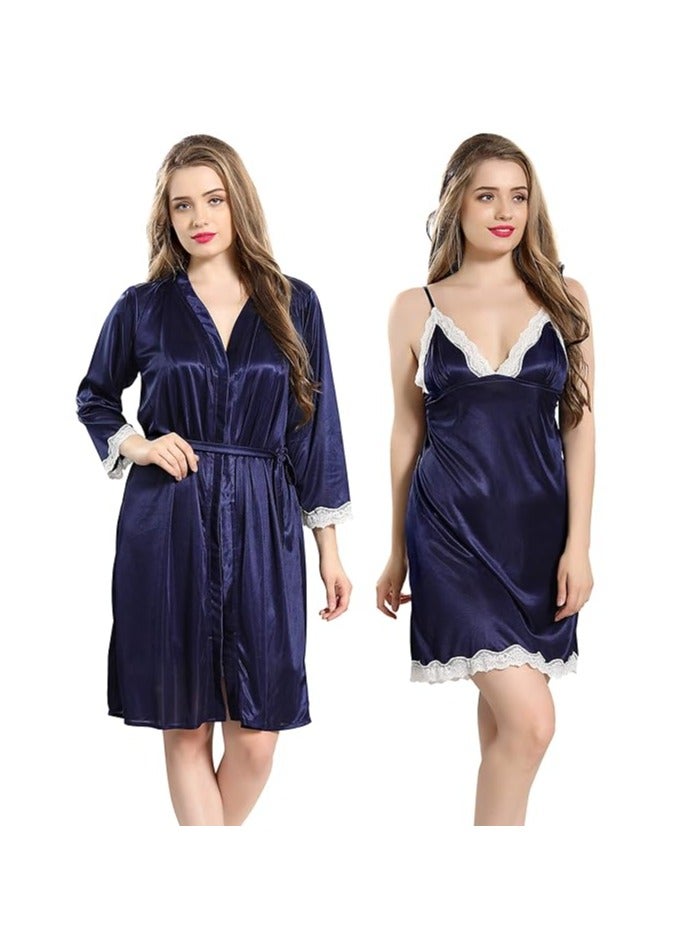 Women Satin Short Nighty with Lace & Robe