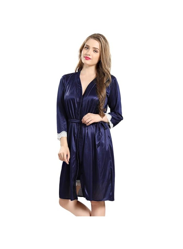 Women Satin Short Nighty with Lace & Robe