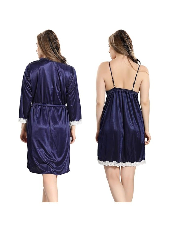 Women Satin Short Nighty with Lace & Robe