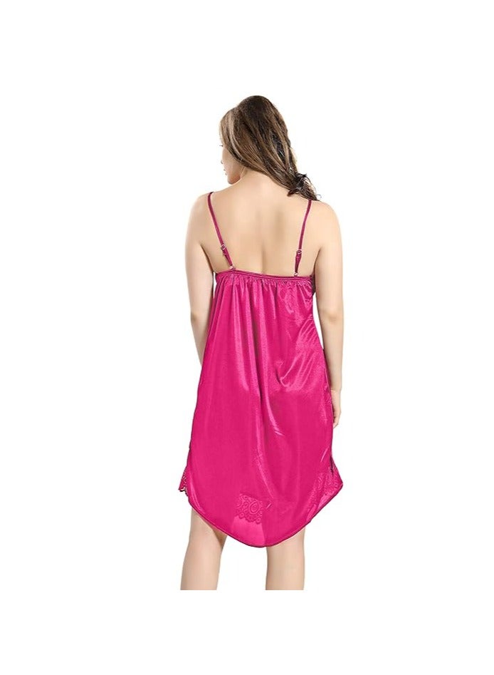 Women Satin Short Nighty with Lace & Robe