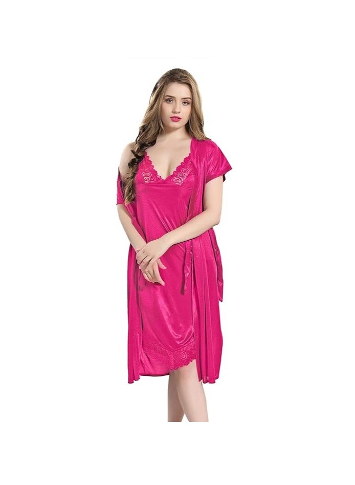 Women Satin Short Nighty with Lace & Robe