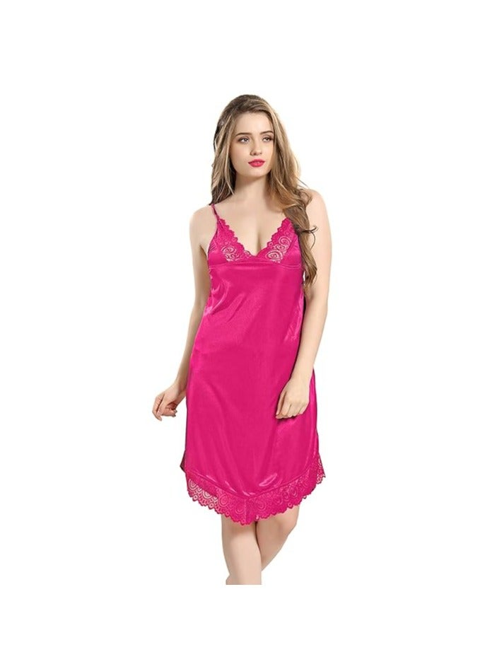 Women Satin Short Nighty with Lace & Robe