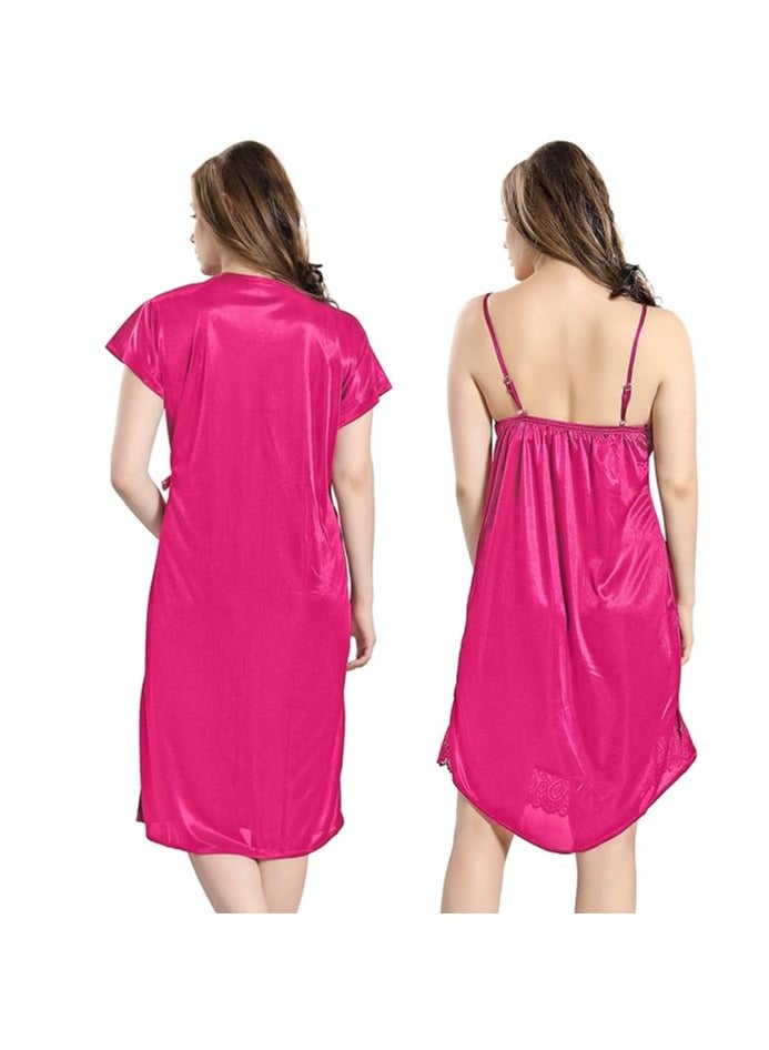 Women Satin Short Nighty with Lace & Robe
