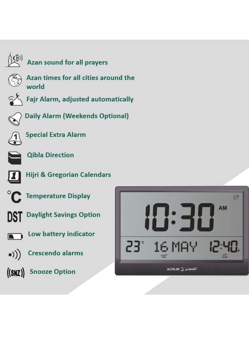 ALFAJR Digital Azan Table Clock - Muslim Prayer Azan Clock | CJ-17 Prayer Alarm Table Clock with Worldwide Prayer Times and Multiple Azan Sounds by LUKADAH (CJ-17)