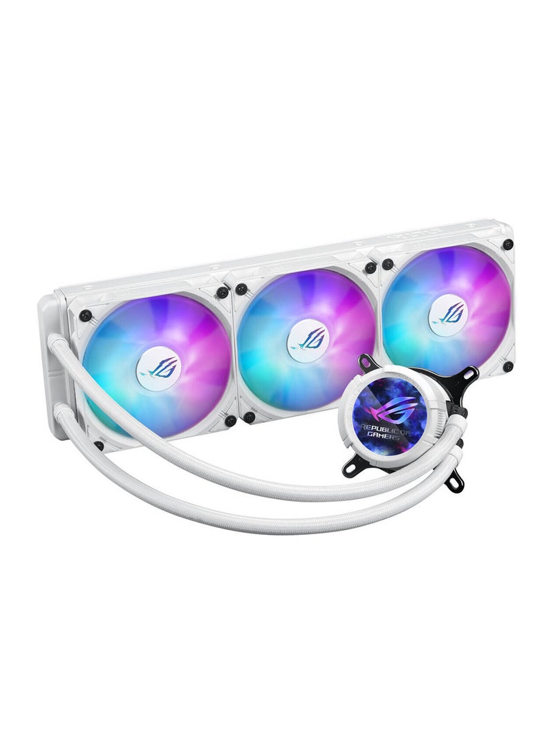 ROG Strix LC III 360 ARGB LCD CPU Liquid Cooling, 360mm Radiator, 3x ROG STRIX AF-12S ARGB 120mm Fans, 2200 RPM Fan Speed, 70.38 CFM Air Flow, 360° Rotating ROG Logo, 90RC00W2-M0UAY0 White