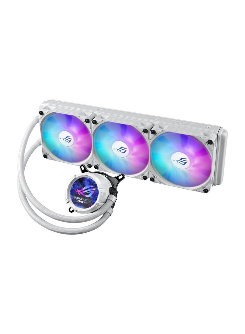 ROG Strix LC III 360 ARGB LCD CPU Liquid Cooling, 360mm Radiator, 3x ROG STRIX AF-12S ARGB 120mm Fans, 2200 RPM Fan Speed, 70.38 CFM Air Flow, 360° Rotating ROG Logo, 90RC00W2-M0UAY0 White