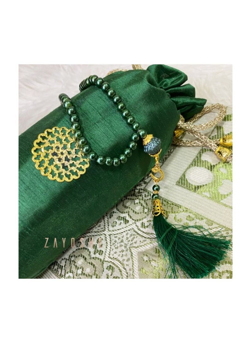 Prayer Rug With Pouch And Matching Tasbeeh-Green