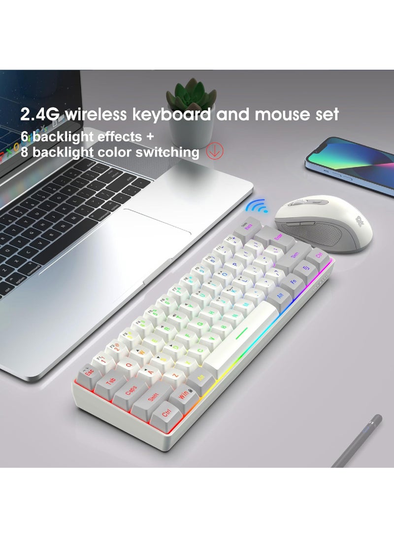 ROCK POW Arabic English 2.4G Wireless Gaming Keyboard and Mouse Combo, Include Mini 60% Mechanical Feel RGB Backlit Keyboard, Ergonomic Vertical Feel Small Wireless Mouse