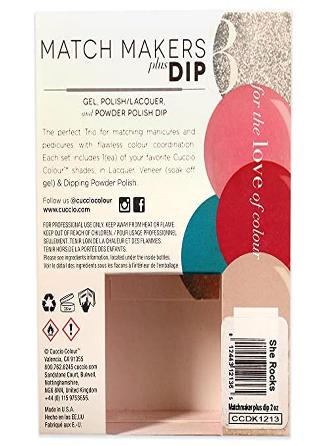 Colour Matchmakers Plus Nail Dip - Matching Mani-Pedi With Flawless Coordination - A Color Lacquer And Color Veneer Gel Polish In The Same Color - She Rocks - Large - 3 Pc Kit