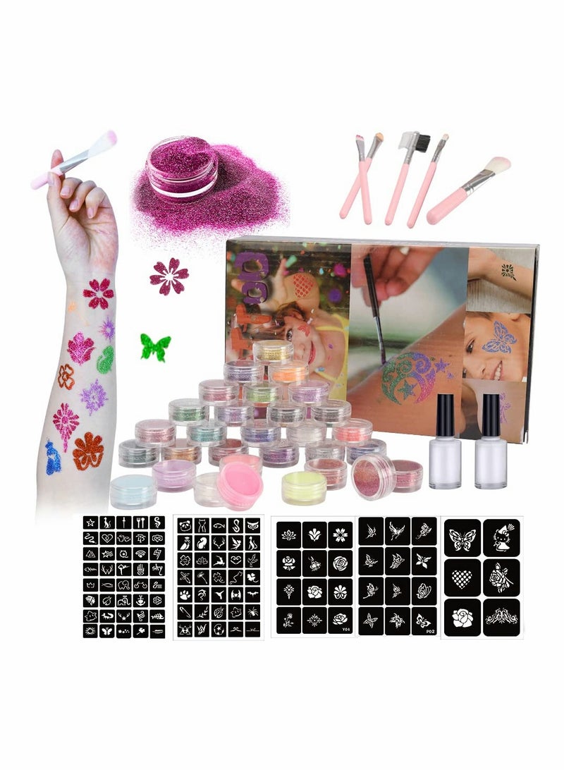 30 Color Waterproof Glitter Tattoo Kit for Kids Perfect for Festivals and Parties Includes 24 Glitter Powders 6 Glow Powders 105 Stencils 5 Brushes 2 Glue