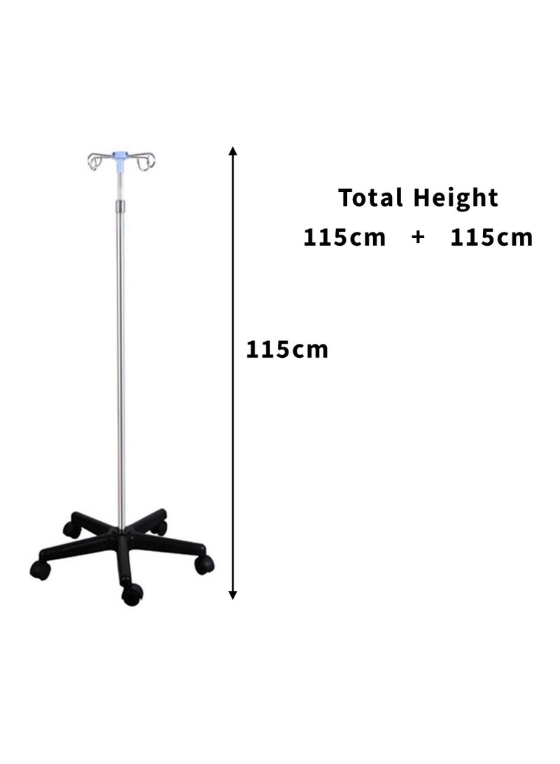 I.V. Stand | Stainless Steel | Strong with 4 Hooks | Normal Size 115CM, Fully Expandable to 230CM | Base with 5 Wheels | Ideal for Medical and Healthcare Facilities