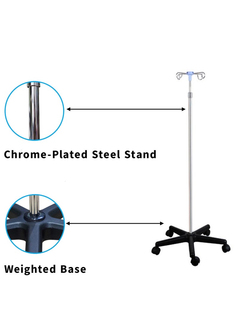 I.V. Stand | Stainless Steel | Strong with 4 Hooks | Normal Size 115CM, Fully Expandable to 230CM | Base with 5 Wheels | Ideal for Medical and Healthcare Facilities