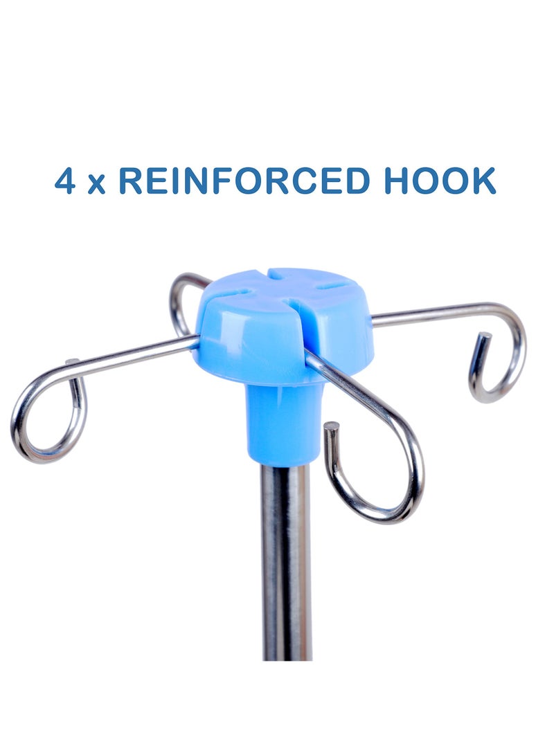 I.V. Stand | Stainless Steel | Strong with 4 Hooks | Normal Size 115CM, Fully Expandable to 230CM | Base with 5 Wheels | Ideal for Medical and Healthcare Facilities