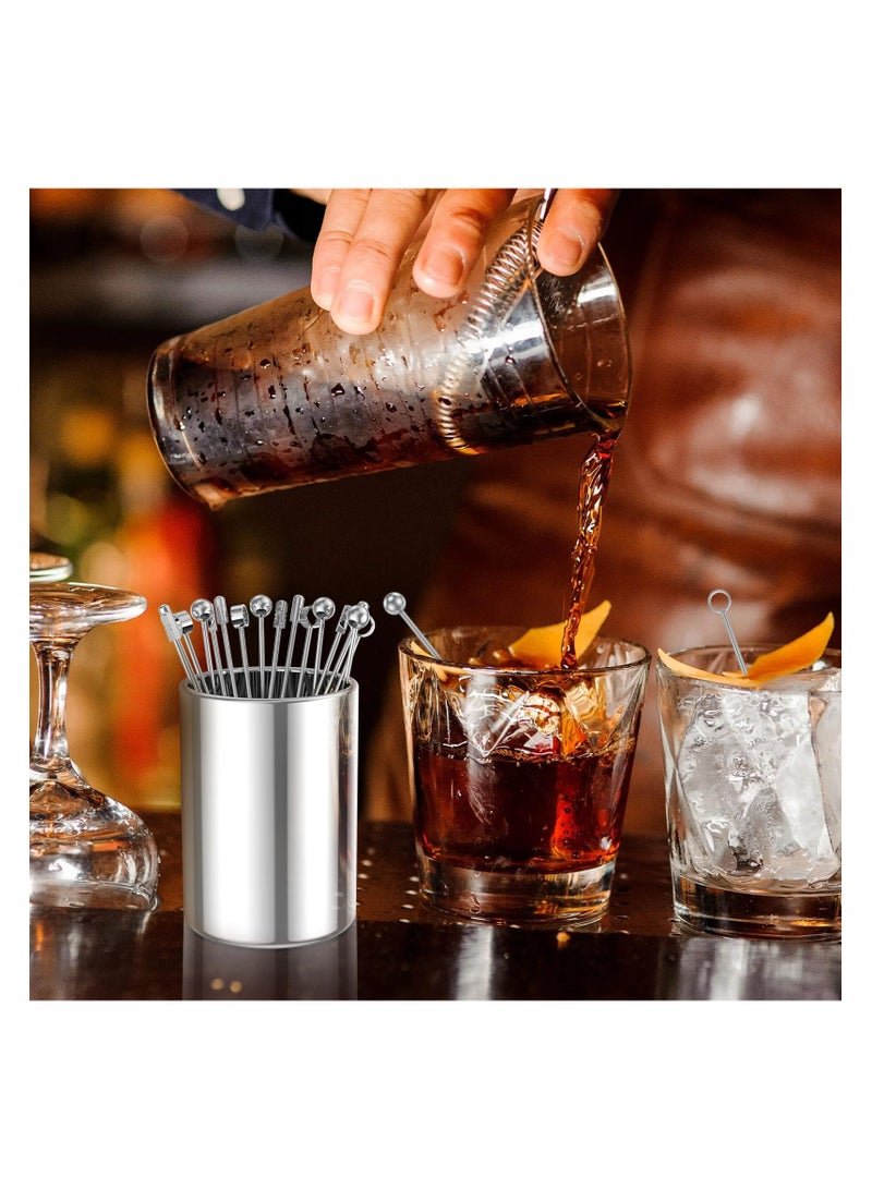 Metal Cocktail Picks, Cocktail Sticks with Holder Kit, 4.3 Inch Reusable Stainless Steel Drink Stick with Storage Cup for Bar party, Barbeque Snacks, Club sandwiches, Olives Fruits