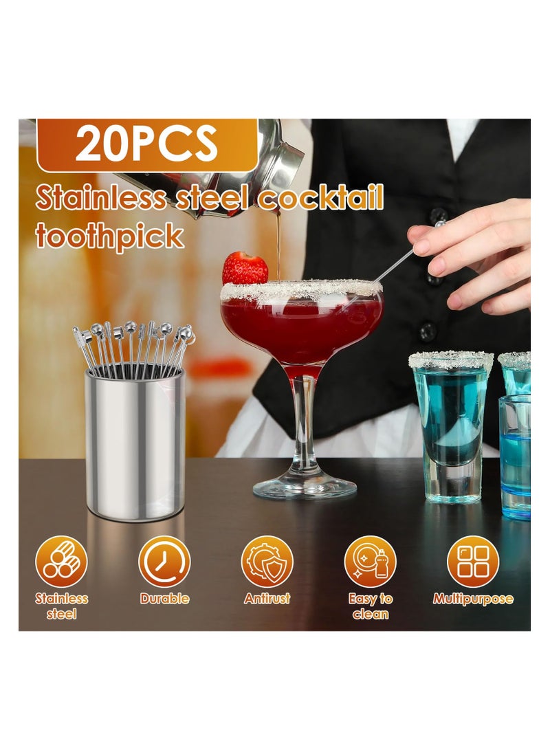 Metal Cocktail Picks, Cocktail Sticks with Holder Kit, 4.3 Inch Reusable Stainless Steel Drink Stick with Storage Cup for Bar party, Barbeque Snacks, Club sandwiches, Olives Fruits