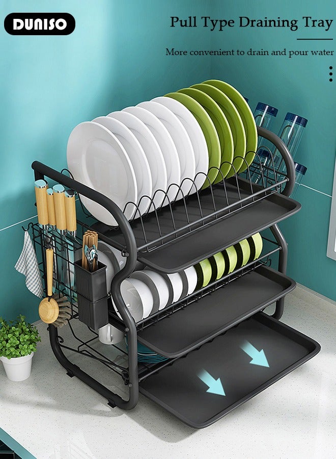 Dish Drying Rack, 3 Tier Dish Racks for Kitchen Counter, Stainless Steel Dish Drainer with Drainboard Utensil Holder for Plates Bowls for Kitchen Countertop, Detachable Dish Rack