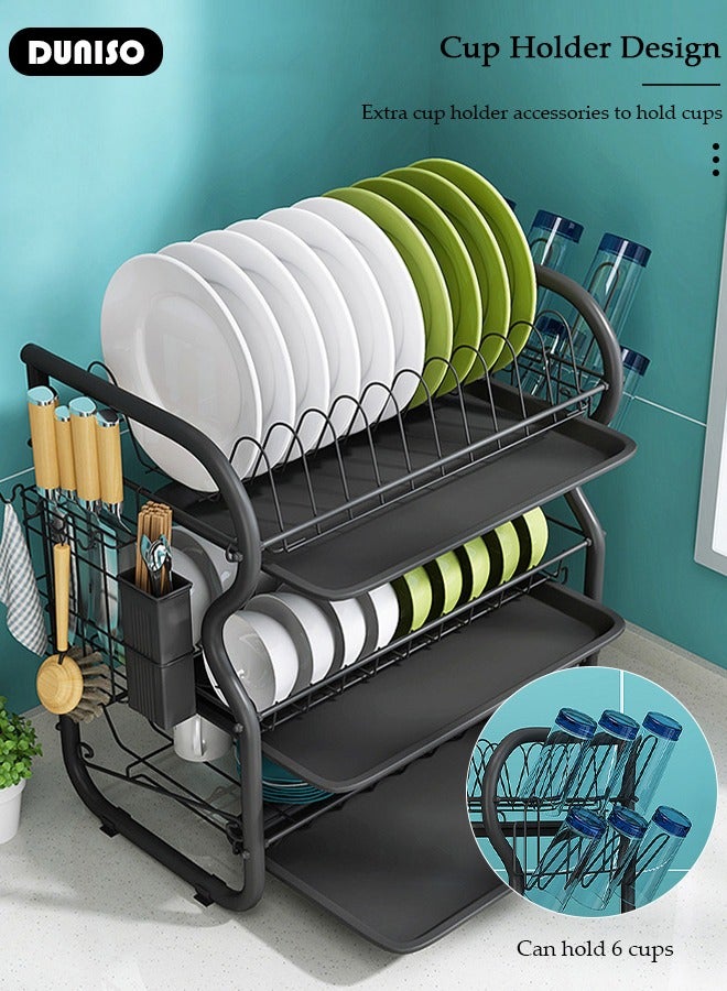 Dish Drying Rack, 3 Tier Dish Racks for Kitchen Counter, Stainless Steel Dish Drainer with Drainboard Utensil Holder for Plates Bowls for Kitchen Countertop, Detachable Dish Rack