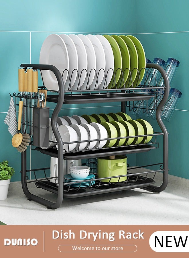 Dish Drying Rack, 3 Tier Dish Racks for Kitchen Counter, Stainless Steel Dish Drainer with Drainboard Utensil Holder for Plates Bowls for Kitchen Countertop, Detachable Dish Rack