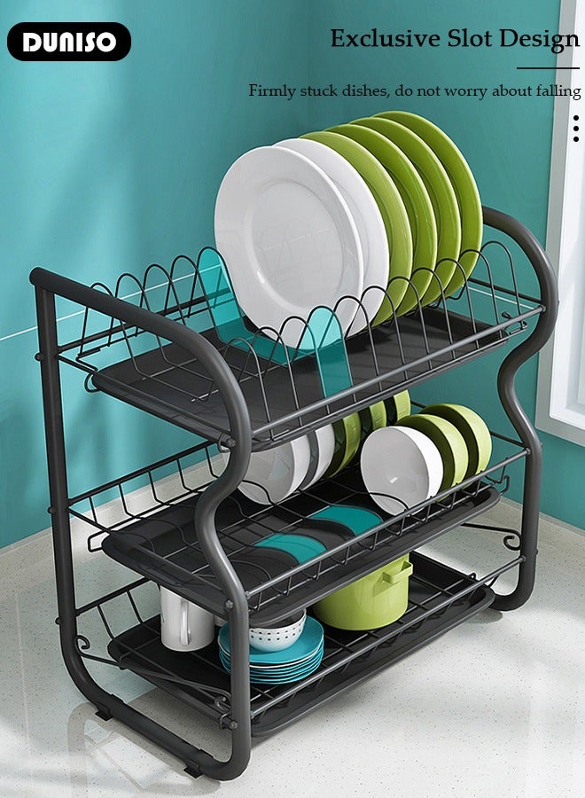 Dish Drying Rack, 3 Tier Dish Racks for Kitchen Counter, Stainless Steel Dish Drainer with Drainboard Utensil Holder for Plates Bowls for Kitchen Countertop, Detachable Dish Rack