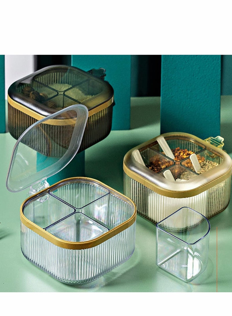 4 Compartments Seasoning Box With Lid,Clear Seasoning Storage Box Container,Seasoning Box with Cover and Serving Spoons,Kitchen Condiment Jars,Plastic Seasoning Box Set(Yellow)