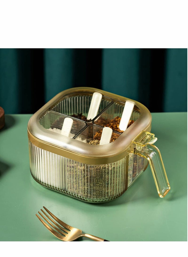 4 Compartments Seasoning Box With Lid,Clear Seasoning Storage Box Container,Seasoning Box with Cover and Serving Spoons,Kitchen Condiment Jars,Plastic Seasoning Box Set(Yellow)