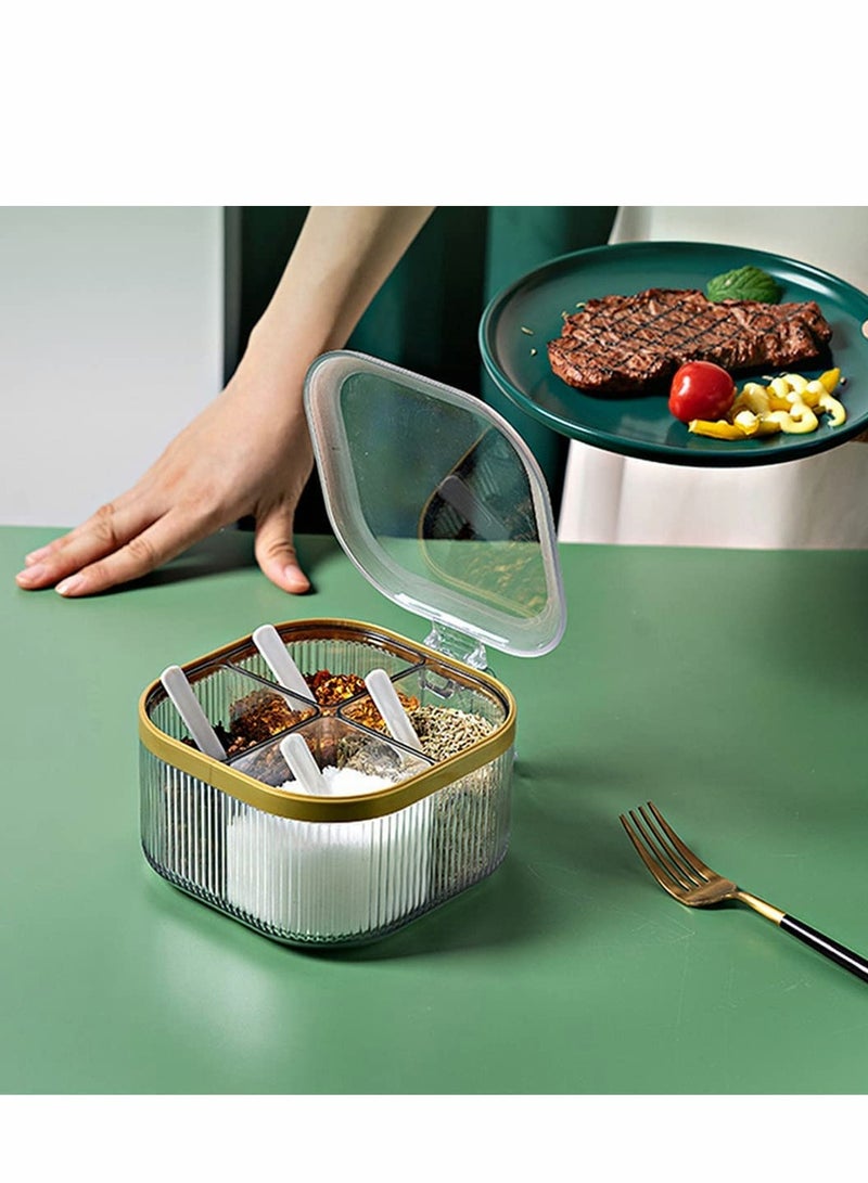 4 Compartments Seasoning Box With Lid,Clear Seasoning Storage Box Container,Seasoning Box with Cover and Serving Spoons,Kitchen Condiment Jars,Plastic Seasoning Box Set(Yellow)