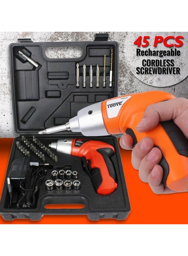 45pcs Cordless Rechargable Power Screwdriver Set With Bidirectional Button and LED Light