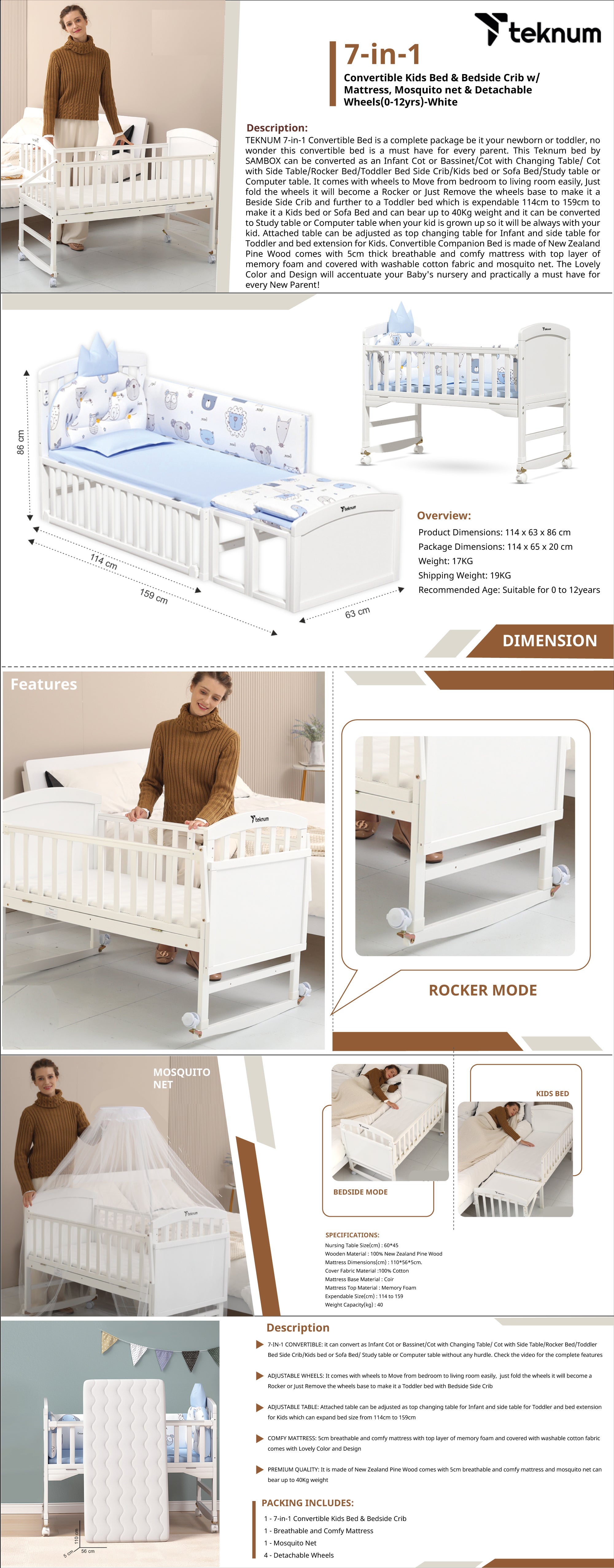 7-In-1 Convertible Bedside Crib With Mattress, Mosquito Net And Detachable Wheels, 0 - 12 Years, White