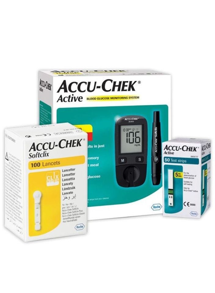 Active Bundle Blood Glucose Monitor With Active 50 Test Strips Plus Sofclix - 100 Lancets