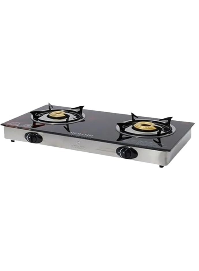 MEBASHI Double Burner Gas Stove | Red Tempered Glass with Heavy Cast Iron Burners, Auto Ignition & Italian Technology (ME-GS1002G)