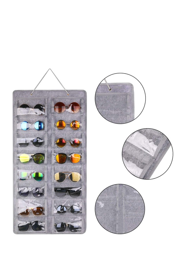 Sunglasses Organizer Storage Holder ,Hanging Dust-Proof Glasses Storage Box with Metal Hook and Rope (16 Slots, Gray)