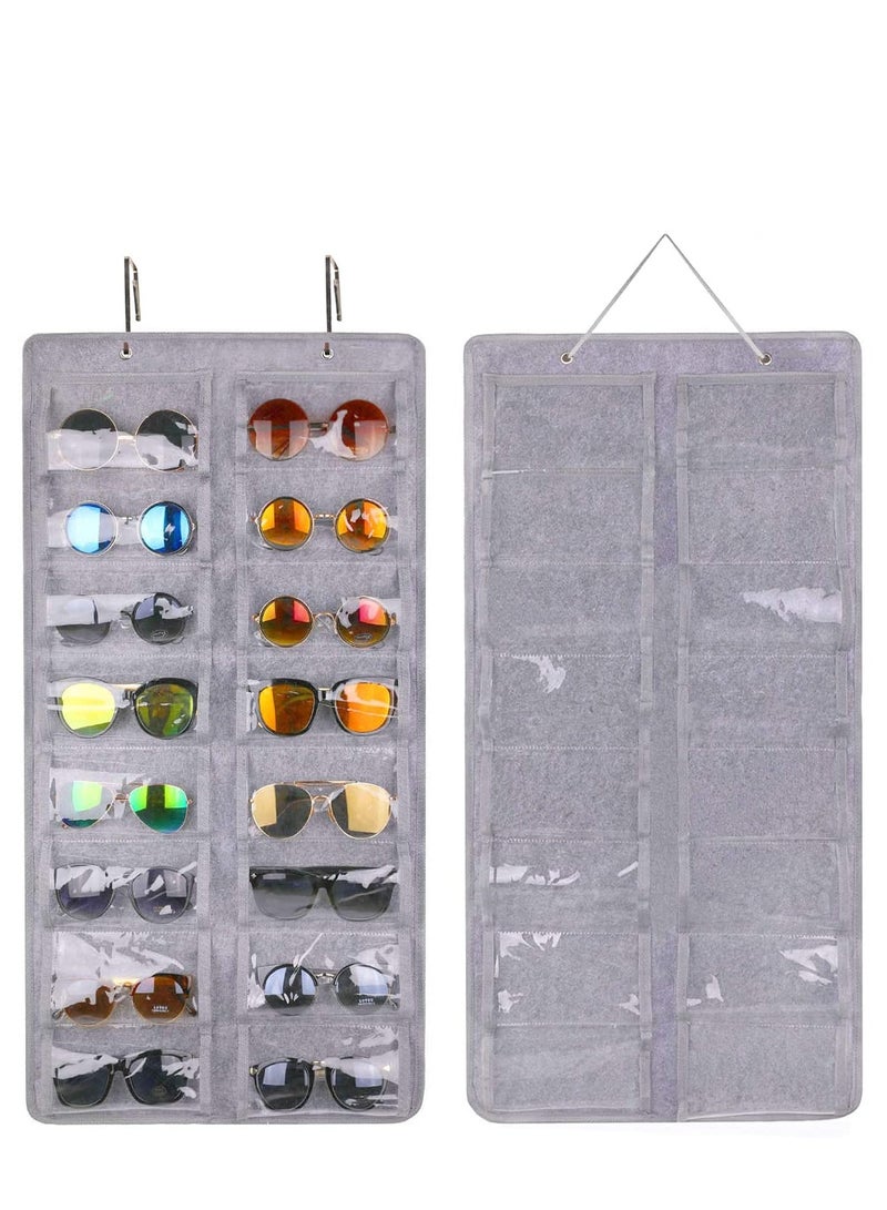 Sunglasses Organizer Storage Holder ,Hanging Dust-Proof Glasses Storage Box with Metal Hook and Rope (16 Slots, Gray)