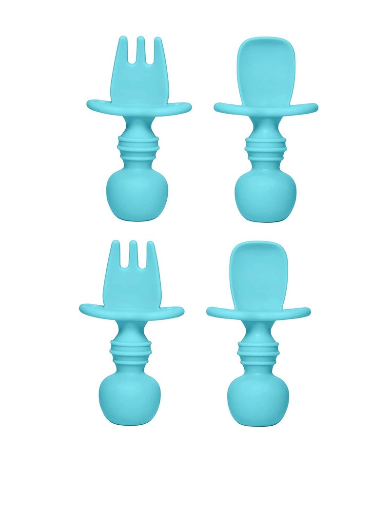 Silicone Baby Fork And Spoon Set, Silicone Tableware, Feeding Baby, Training Equipment, Baby Led Weaning Stage 1 Suitable For Over 6 Months (Blue，2 * Spoons and 2 * Forks)