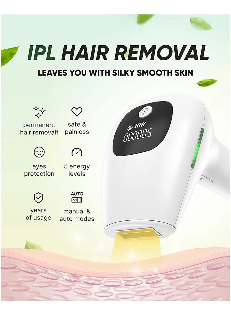 Full Body IPL Permanent Laser Hair Removal Device, Long life quartz bulb Upgrade 999,999 Flashes, Painless and Durable,Easy Home Use Hair Removal for Body, Face, Bikini Zone, Unisex, White