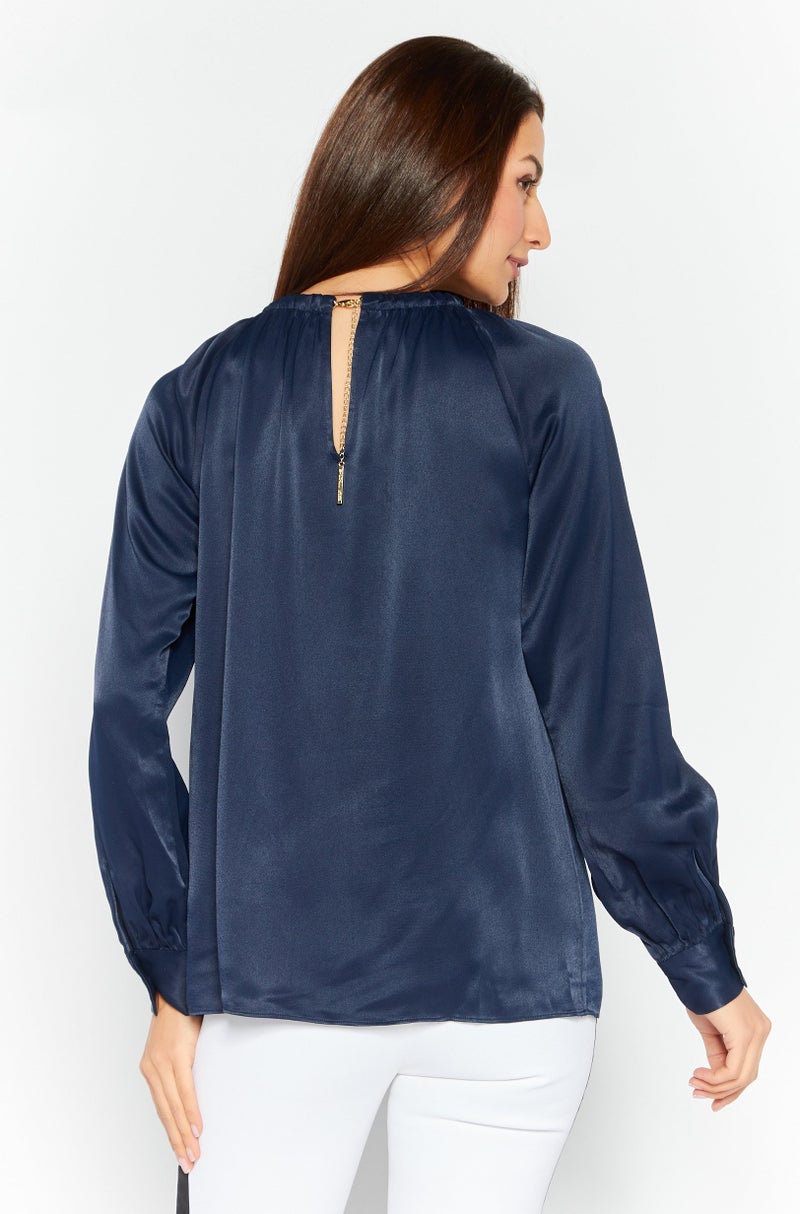 Women Round Neck Long Sleeves Plain Blouse, Navy