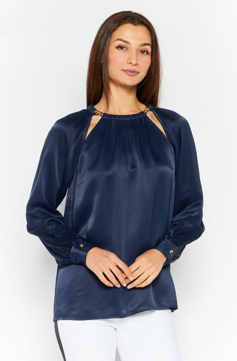 Women Round Neck Long Sleeves Plain Blouse, Navy