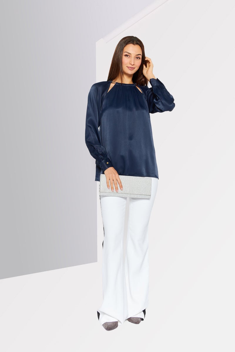 Women Round Neck Long Sleeves Plain Blouse, Navy
