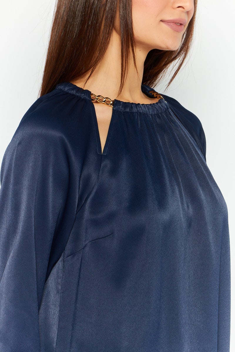 Women Round Neck Long Sleeves Plain Blouse, Navy